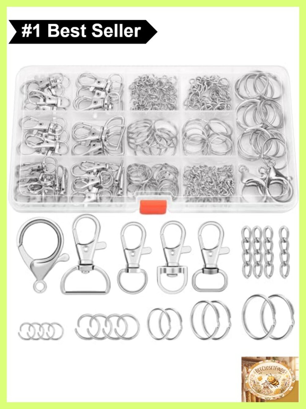 300PC Keychain Making Kit Metal Keychain Hardware Clips Hooks Rings